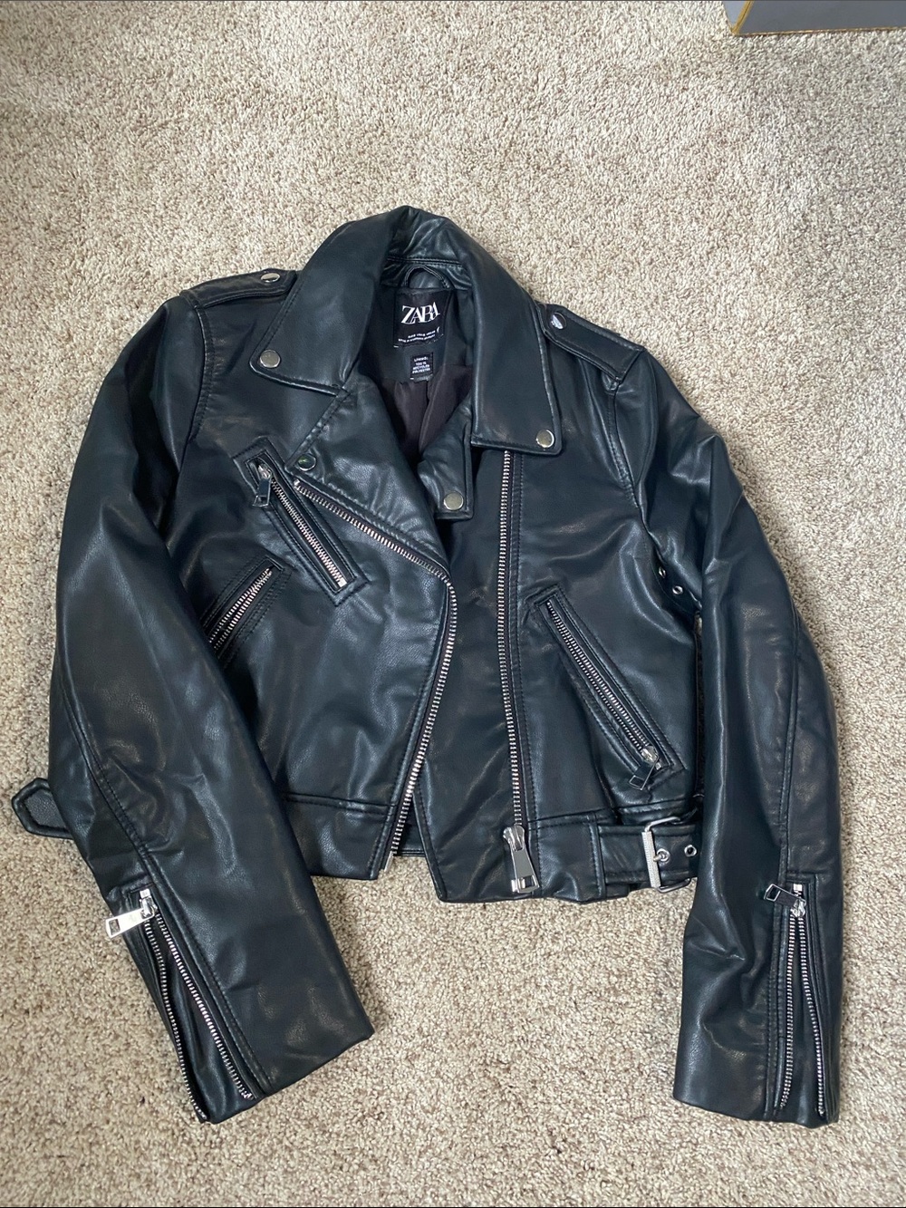 Zara Black Faux Leather Moto Jacket with Zipper Details